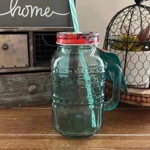 New Pioneer Woman Teal 32oz Mason Mug & Reusable Straw